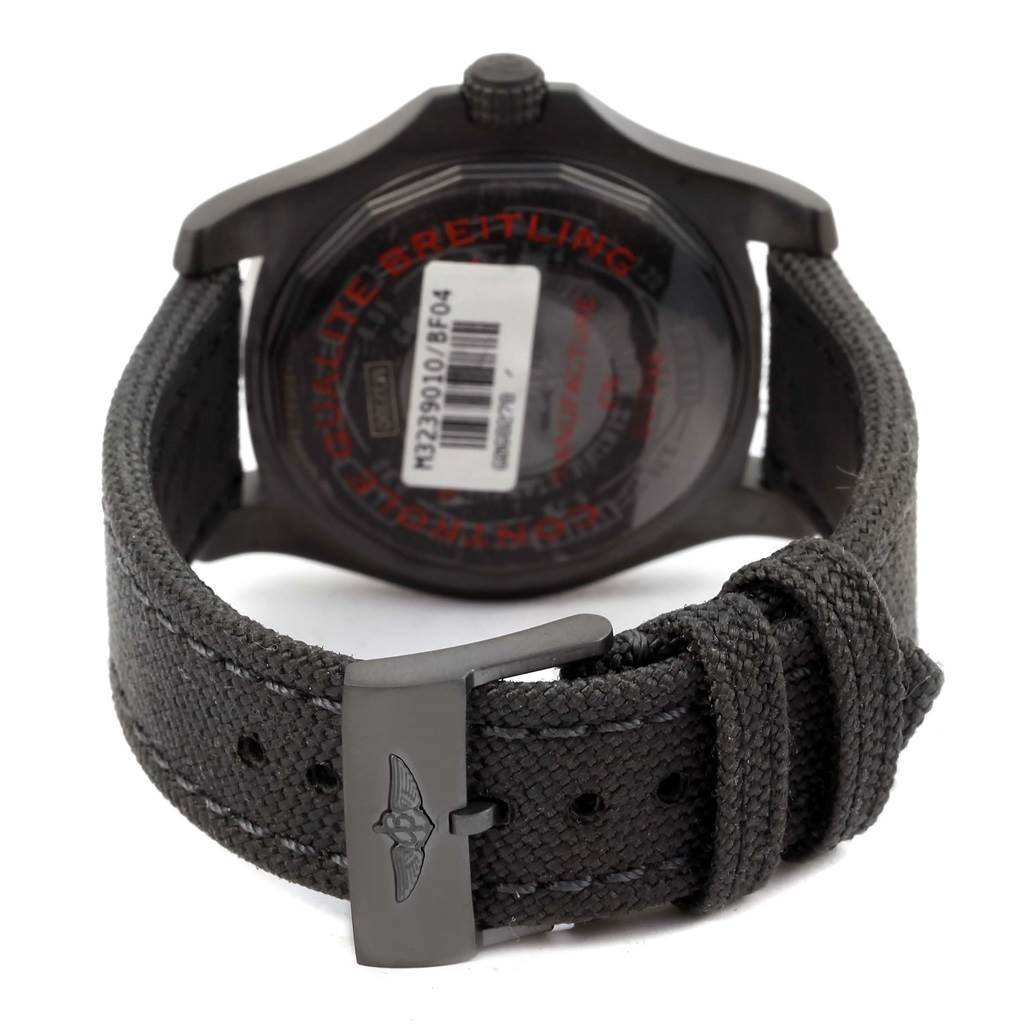 The image shows the back view of a Breitling Avenger M32390 Men's Stainless Steel Black Dial M32390 Men's Stainless Steel Black Dial watch, highlighting the watch case, strap, and clasp.