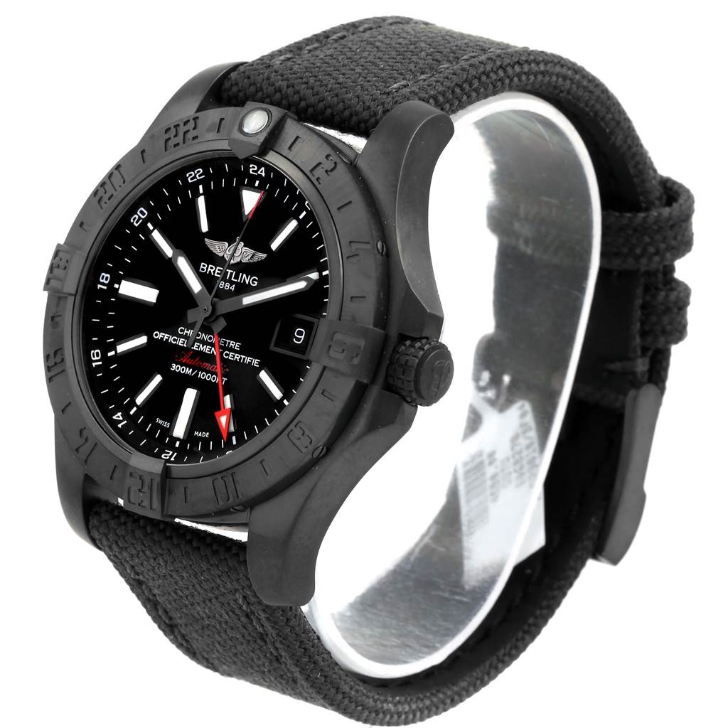 The Breitling Avenger M32390 Men's Stainless Steel Black Dial M32390 Men's Stainless Steel Black Dial model watch is shown at a slight side angle, highlighting the face, bezel, and strap.