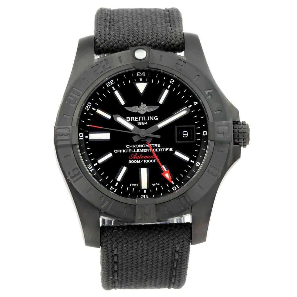 The image shows a front view of the Breitling Avenger M32390 Men's Stainless Steel Black Dial M32390 Men's Stainless Steel Black Dial watch, highlighting the dial, bezel, and strap.