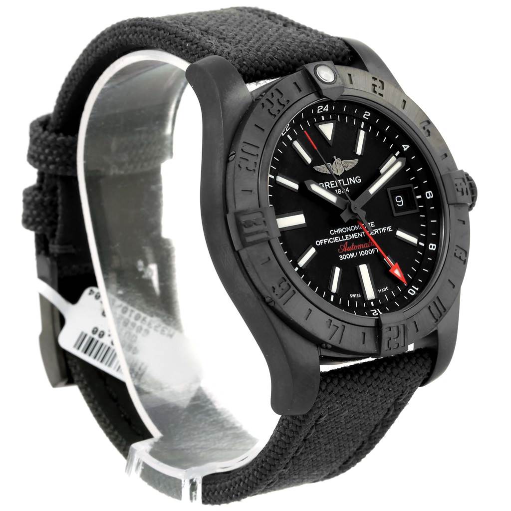 The Breitling Avenger M32390 Men's Stainless Steel Black Dial M32390 Men's Stainless Steel Black Dial watch is shown from a slight side angle, displaying its black dial, bezel, and fabric strap.