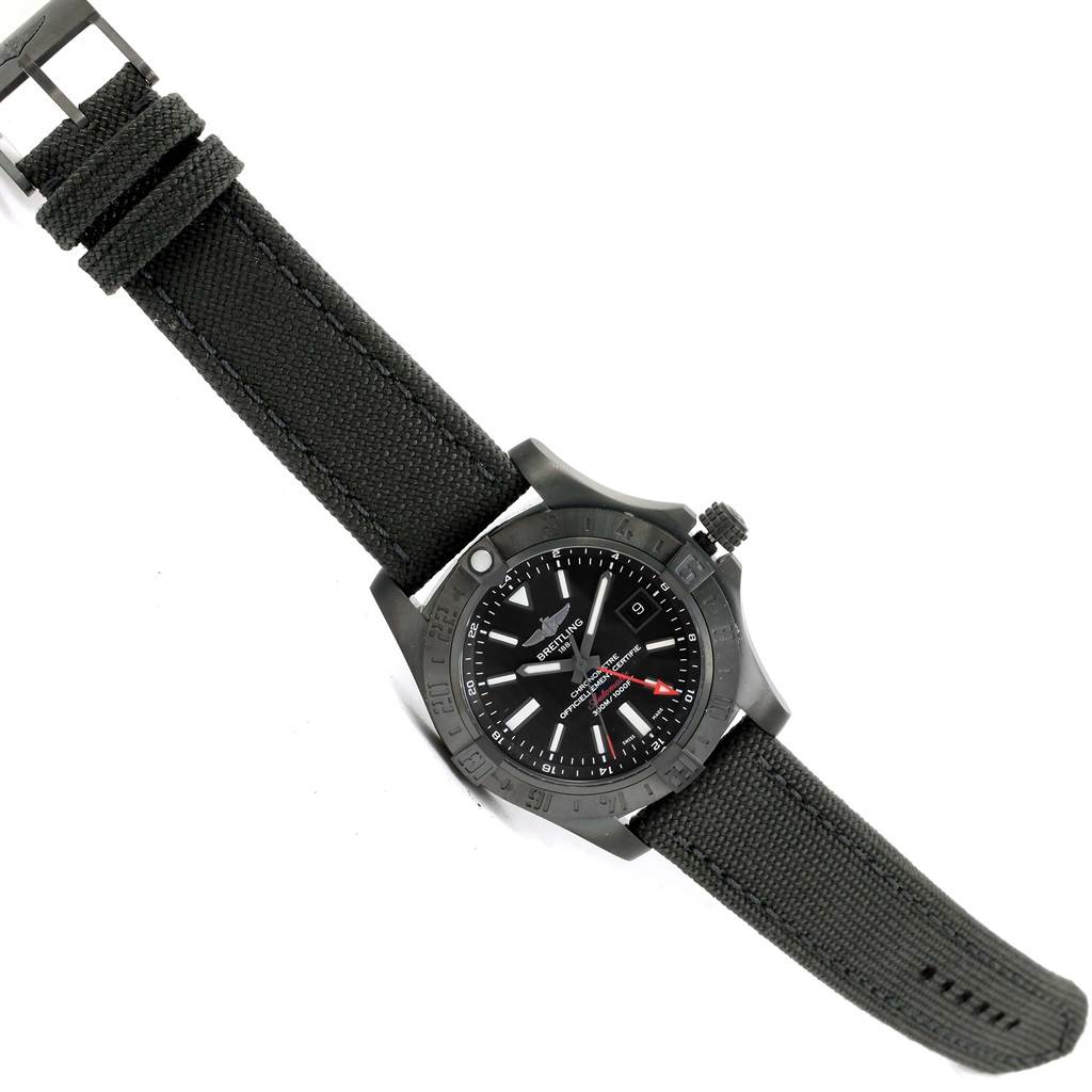 The image shows the Breitling Avenger M32390 Men's Stainless Steel Black Dial M32390 Men's Stainless Steel Black Dial watch at an oblique angle, displaying the face, bezel, and strap.