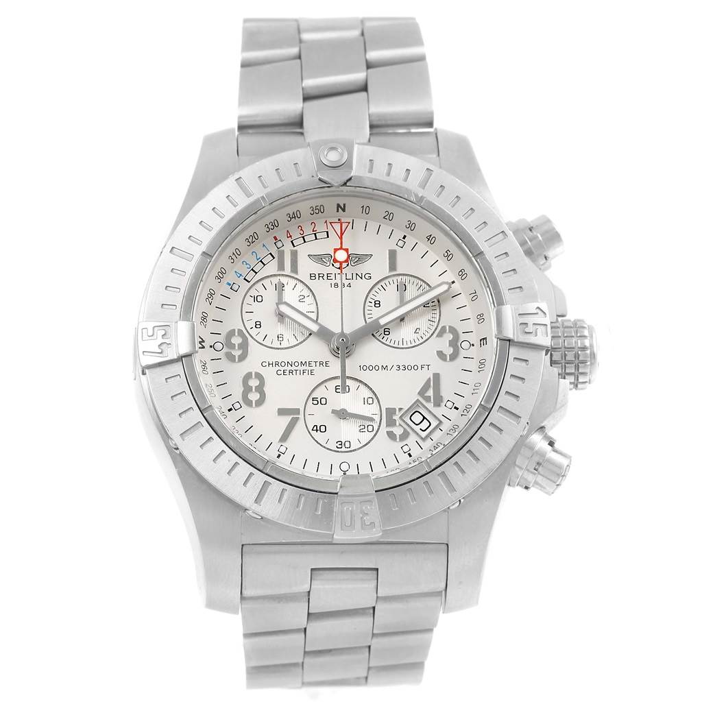 This image shows a front view of the Breitling Avenger A73390 Men's Stainless Steel Silver Dial A73390 Men's Stainless Steel Silver Dial watch, displaying its dial, bezel, and bracelet in full detail.