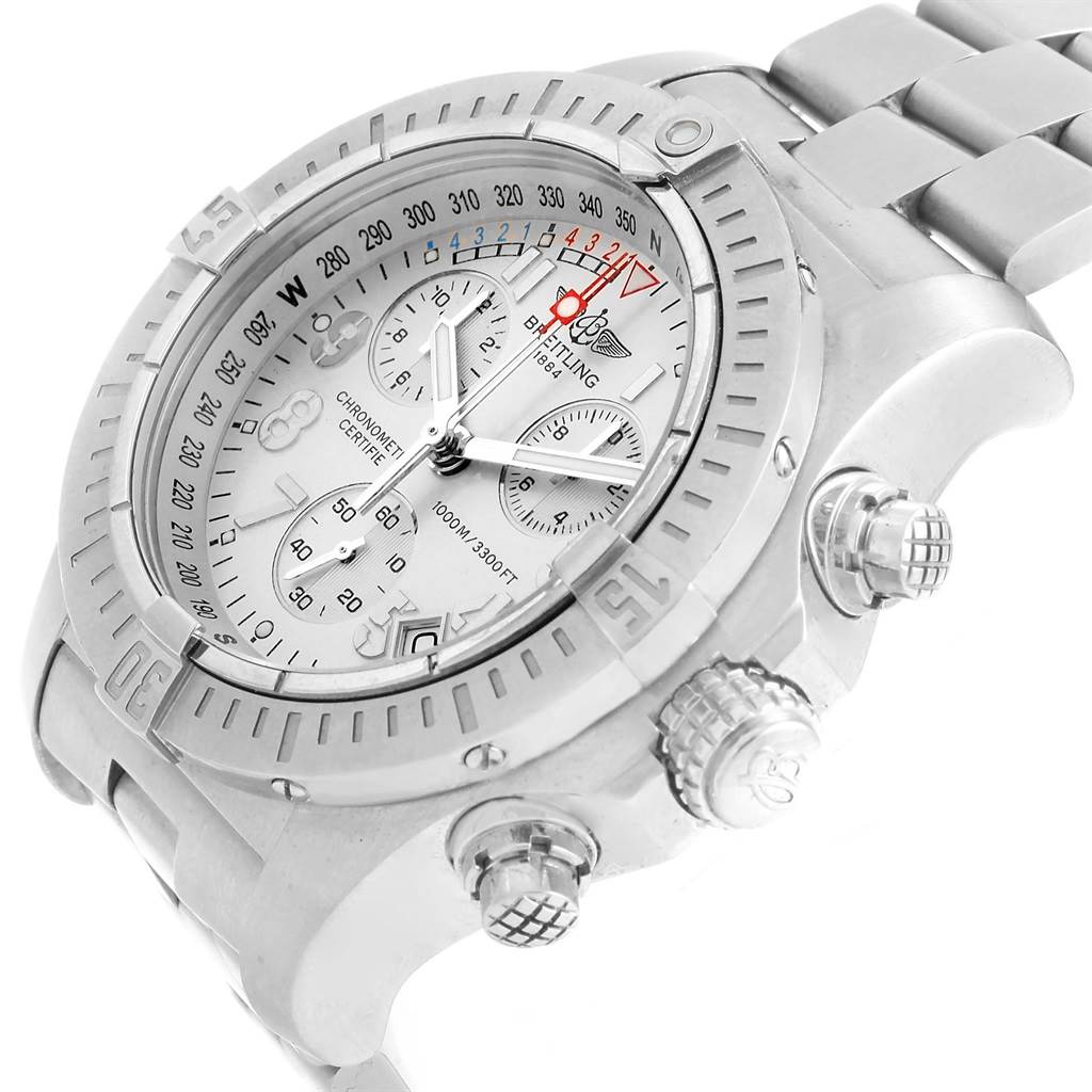The Breitling Avenger A73390 Men's Stainless Steel Silver Dial A73390 Men's Stainless Steel Silver Dial watch is shown at an angle highlighting its bezel, dial, pushers, and part of the bracelet.