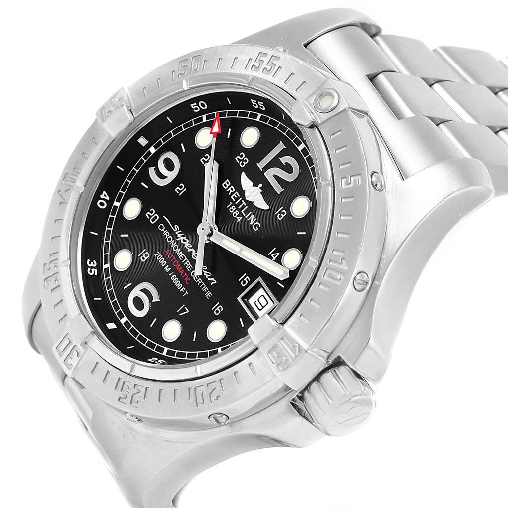 The Breitling Superocean A17390 Men's Stainless Steel Black Dial A17390 Men's Stainless Steel Black Dial watch is shown at an angled top-down view, highlighting the face, bezel, crown, and metal bracelet.