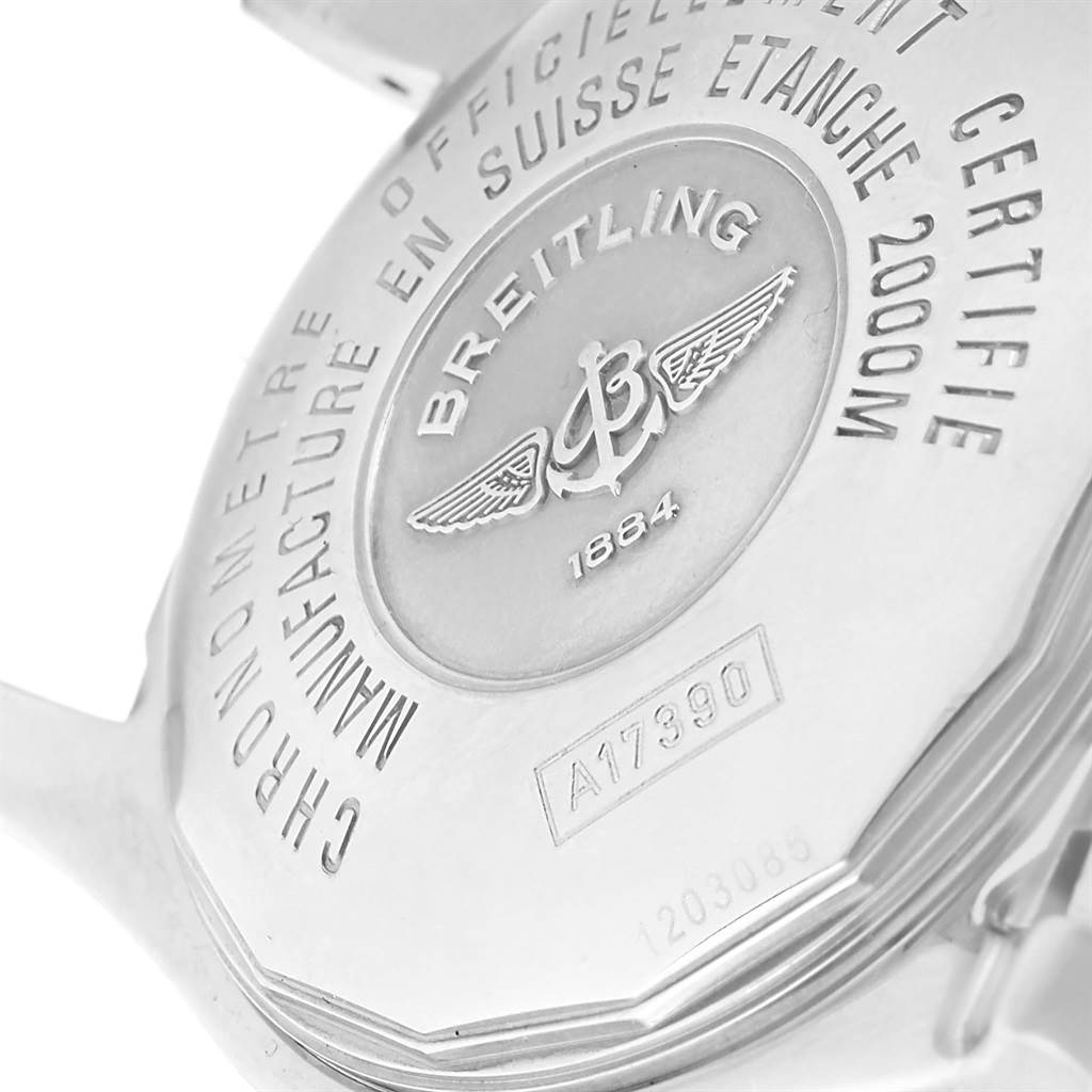 This image shows the case back of the Breitling Superocean A17390 Men's Stainless Steel Black Dial A17390 Men's Stainless Steel Black Dial model watch, highlighting the brand logo and engraving details.