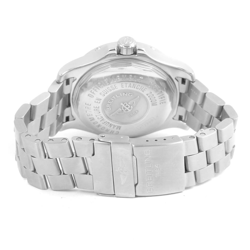 The image shows the back case and metal bracelet of a Breitling Superocean A17390 Men's Stainless Steel Black Dial A17390 Men's Stainless Steel Black Dial watch in a rear view.