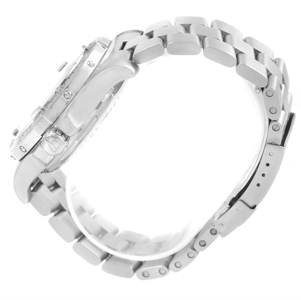 This image shows a side view of the Breitling Superocean A17390 Men's Stainless Steel Black Dial A17390 Men's Stainless Steel Black Dial watch focusing on its metal bracelet, case, and crown.