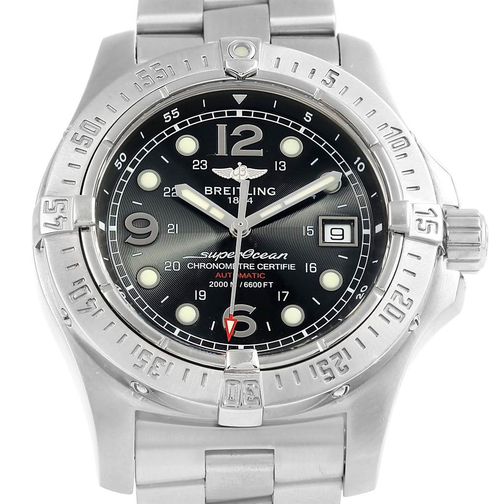 The image shows a front view of a Breitling Superocean A17390 Men's Stainless Steel Black Dial A17390 Men's Stainless Steel Black Dial watch, featuring its face, bezel, and part of the bracelet.