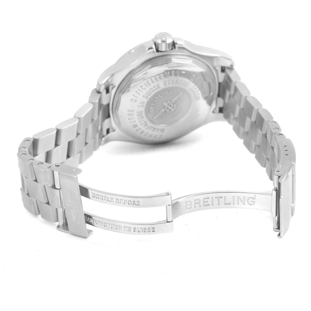 This image shows the back case and stainless steel clasp of the Breitling Superocean A17390 Men's Stainless Steel Black Dial A17390 Men's Stainless Steel Black Dial watch.