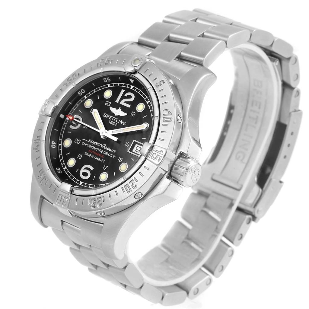 The Breitling Superocean A17390 Men's Stainless Steel Black Dial A17390 Men's Stainless Steel Black Dial watch is shown at a three-quarter angle, displaying its face, bezel, crown, and metal bracelet.