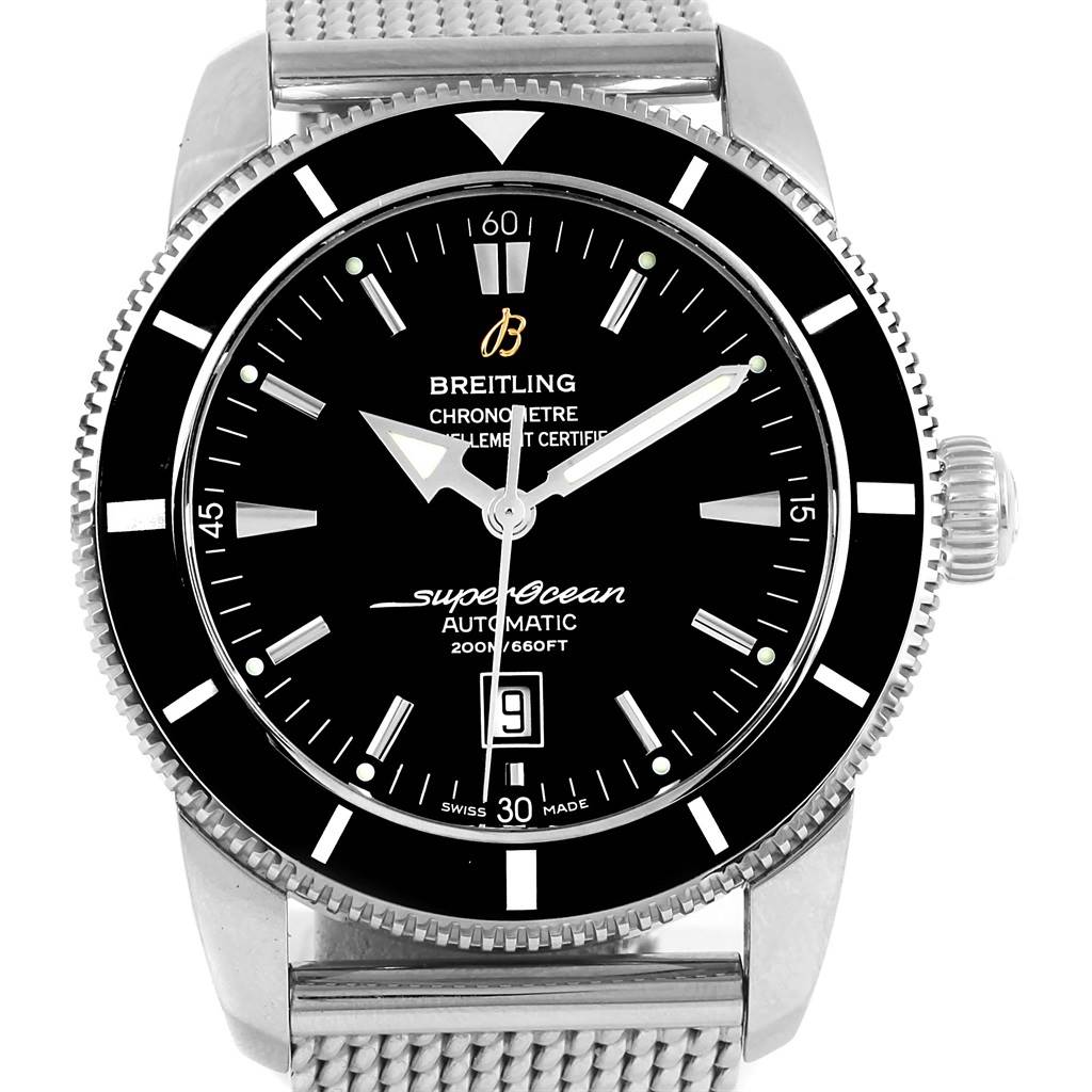 The image shows a front view of the Breitling Superocean A17320 Men's Stainless Steel Black Dial A17320 Men's Stainless Steel Black Dial watch displaying the dial, bezel, crown, and part of the metal bracelet.