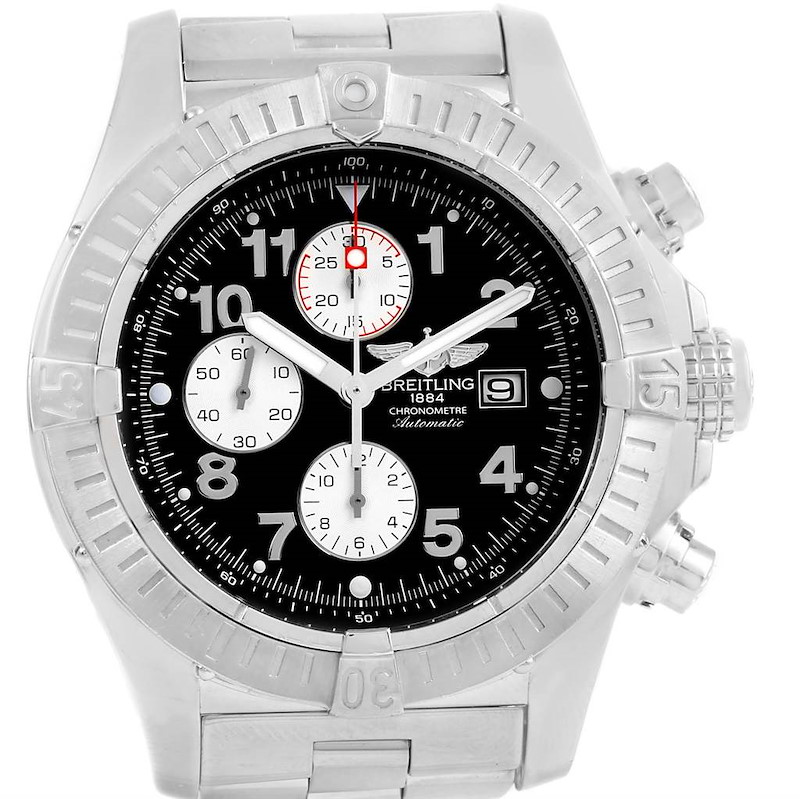 This image shows a front view of a Breitling Avenger watch, highlighting its black dial, chronograph subdials, and stainless steel bezel and bracelet.