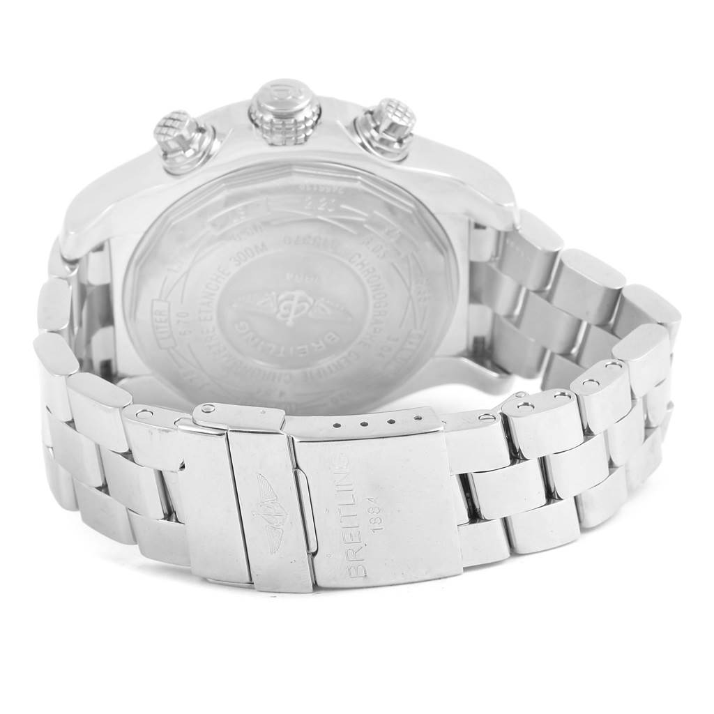 The image shows the back case and clasp of the Breitling Avenger A13370 Men's Stainless Steel Black Dial A13370 Men's Stainless Steel Black Dial watch, showcasing the bracelet and part of the watch's caseback.