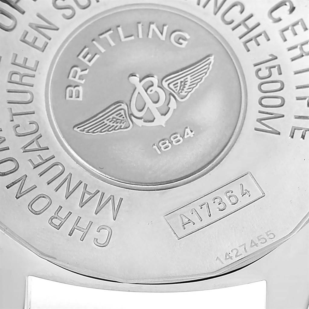 The image shows the back case of a Breitling Superocean A17364 Men's Stainless Steel Black Dial A17364 Men's Stainless Steel Black Dial watch, featuring its engraved logo, model number, and other inscriptions.