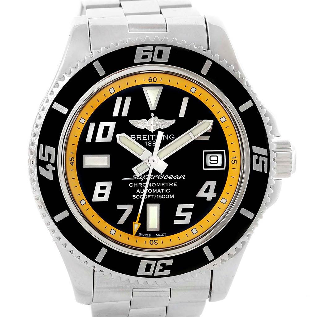 The image shows a front view of a Breitling Superocean A17364 Men's Stainless Steel Black Dial A17364 Men's Stainless Steel Black Dial watch displaying its dial, bezel, and part of its bracelet.