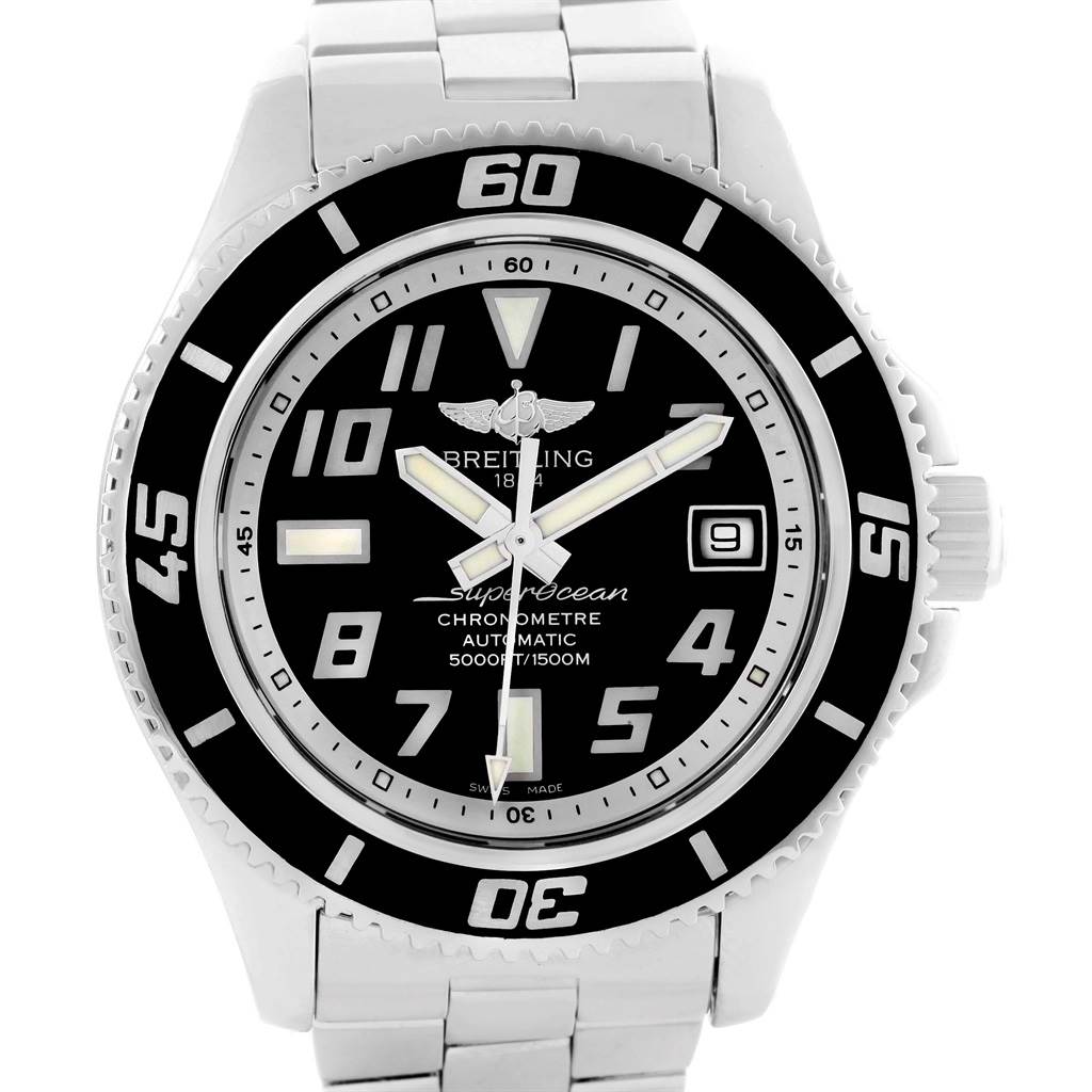The image shows a front view of a Breitling Superocean A17364 Men's Stainless Steel Black Dial A17364 Men's Stainless Steel Black Dial watch, displaying the dial, bezel, and part of the metal bracelet.