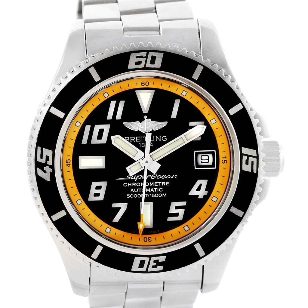 The image shows a front view of the Breitling Superocean A17364 Men's Stainless Steel Black Dial A17364 Men's Stainless Steel Black Dial watch, highlighting its face, bezel, and part of the bracelet.