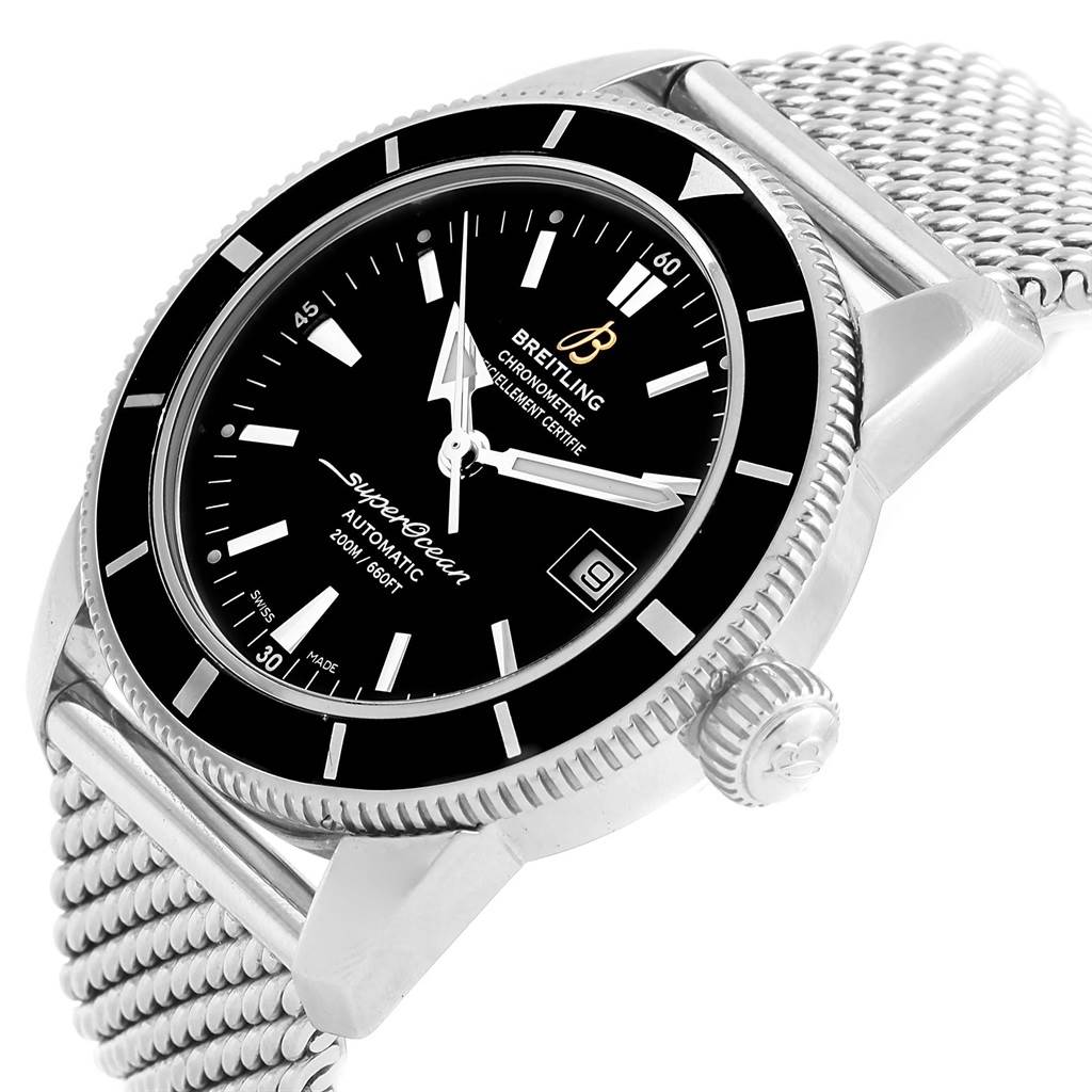 This image shows a close-up, angled view of the Breitling Superocean A17321 Men's Stainless Steel Black Dial A17321 Men's Stainless Steel Black Dial watch, displaying the dial, bezel, and part of the metal bracelet.