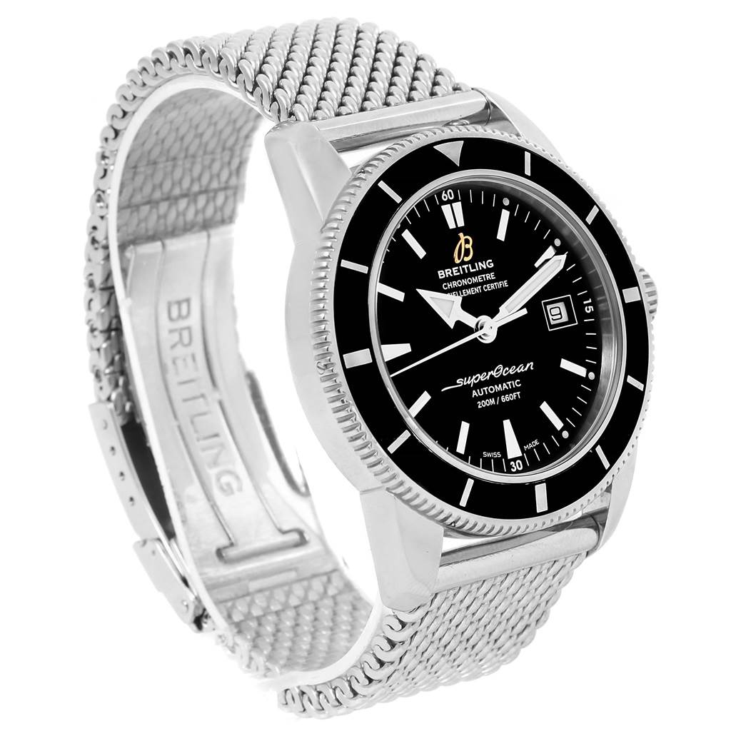 The image shows a Breitling Superocean A17321 Men's Stainless Steel Black Dial A17321 Men's Stainless Steel Black Dial watch from a side angle, depicting its mesh strap and black dial with markers.