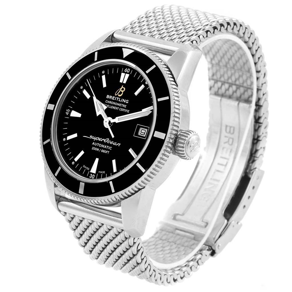 The image shows a Breitling Superocean A17321 Men's Stainless Steel Black Dial A17321 Men's Stainless Steel Black Dial watch from an angled side view, highlighting the face, bezel, crown, and metal bracelet.