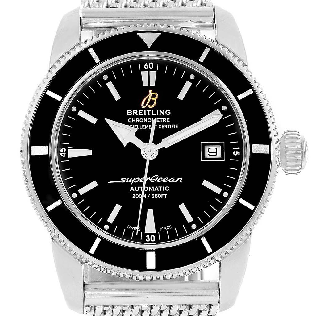 The image shows a front view of the Breitling Superocean A17321 Men's Stainless Steel Black Dial A17321 Men's Stainless Steel Black Dial watch, highlighting the dial, bezel, indices, and brand logo.