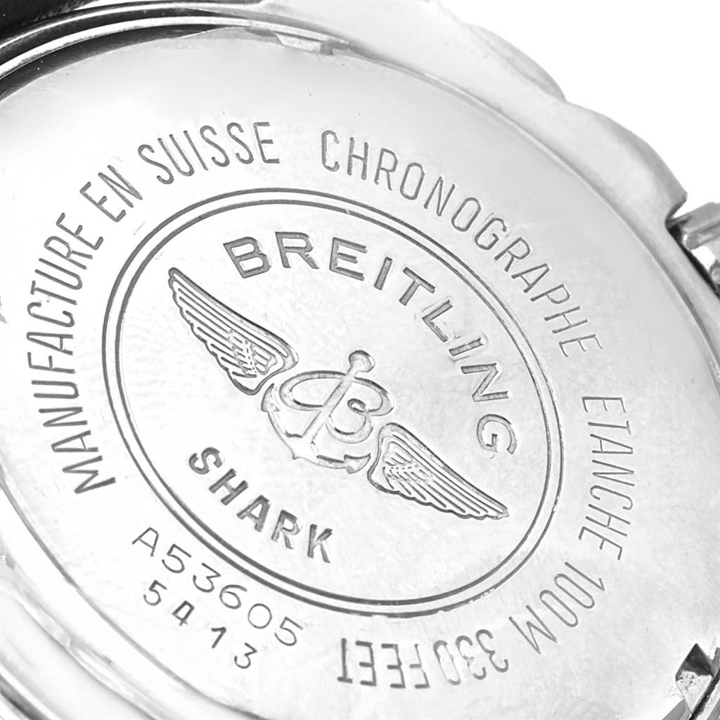The image shows the back casing of a Breitling Superocean A53605 Men's Stainless Steel Silver Dial A53605 Men's Stainless Steel Silver Dial Shark watch.