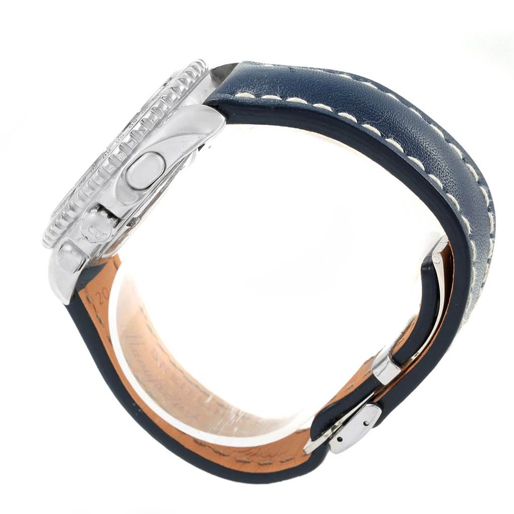 The image shows a side profile of the Breitling Superocean A53605 Men's Stainless Steel Silver Dial A53605 Men's Stainless Steel Silver Dial watch focusing on its case, crown, and leather strap.