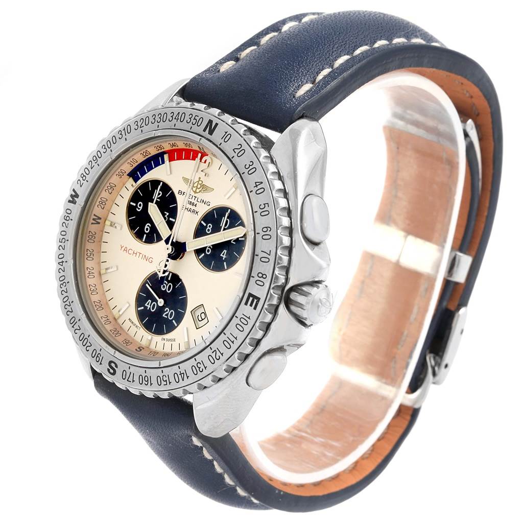 This image shows a side view of the Breitling Superocean A53605 Men's Stainless Steel Silver Dial A53605 Men's Stainless Steel Silver Dial watch, showcasing its face, bezel, crown, pushers, and leather strap.