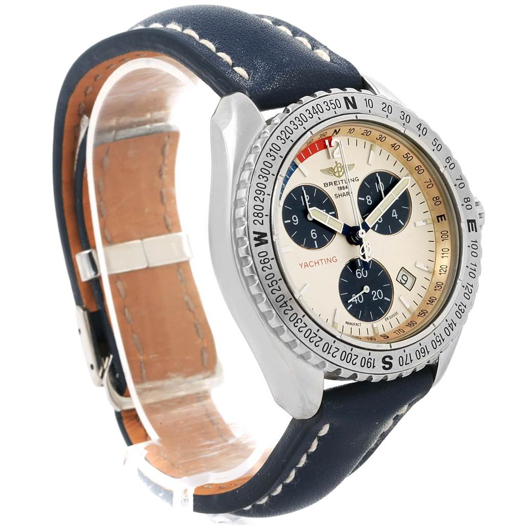 The Breitling Superocean A53605 Men's Stainless Steel Silver Dial A53605 Men's Stainless Steel Silver Dial watch is shown at an angle from the front left, displaying the dial, bezel, crown, and leather strap.