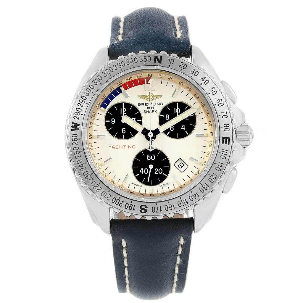 The image shows a front angle of a Breitling Superocean A53605 Men's Stainless Steel Silver Dial A53605 Men's Stainless Steel Silver Dial watch with a leather strap, bezel, and chronograph subdials.