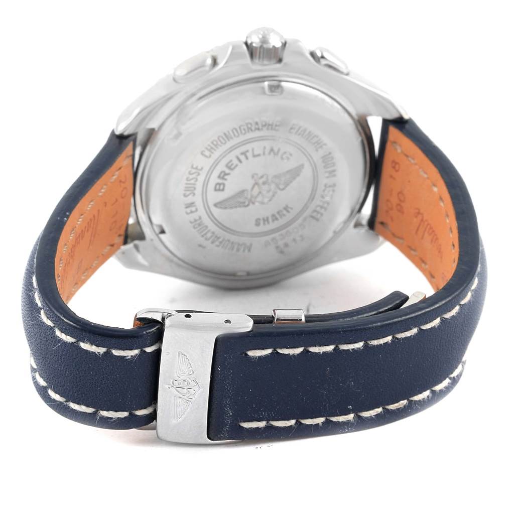 This image shows the back case and leather strap of a Breitling Superocean A53605 Men's Stainless Steel Silver Dial A53605 Men's Stainless Steel Silver Dial watch.