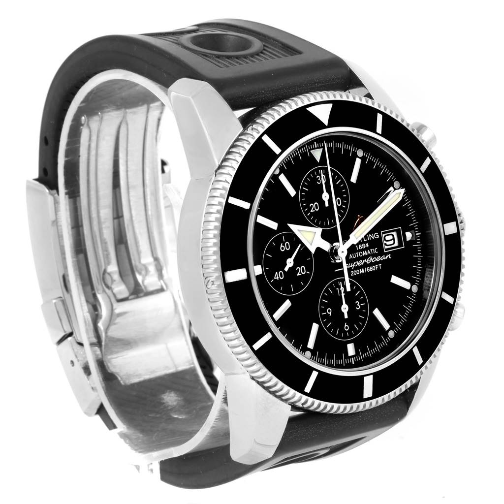 The image shows a Breitling Superocean A13320 Men's Stainless Steel Black Dial A13320 Men's Stainless Steel Black Dial watch from an angled side view, highlighting its black dial, bezel, and metal clasp.