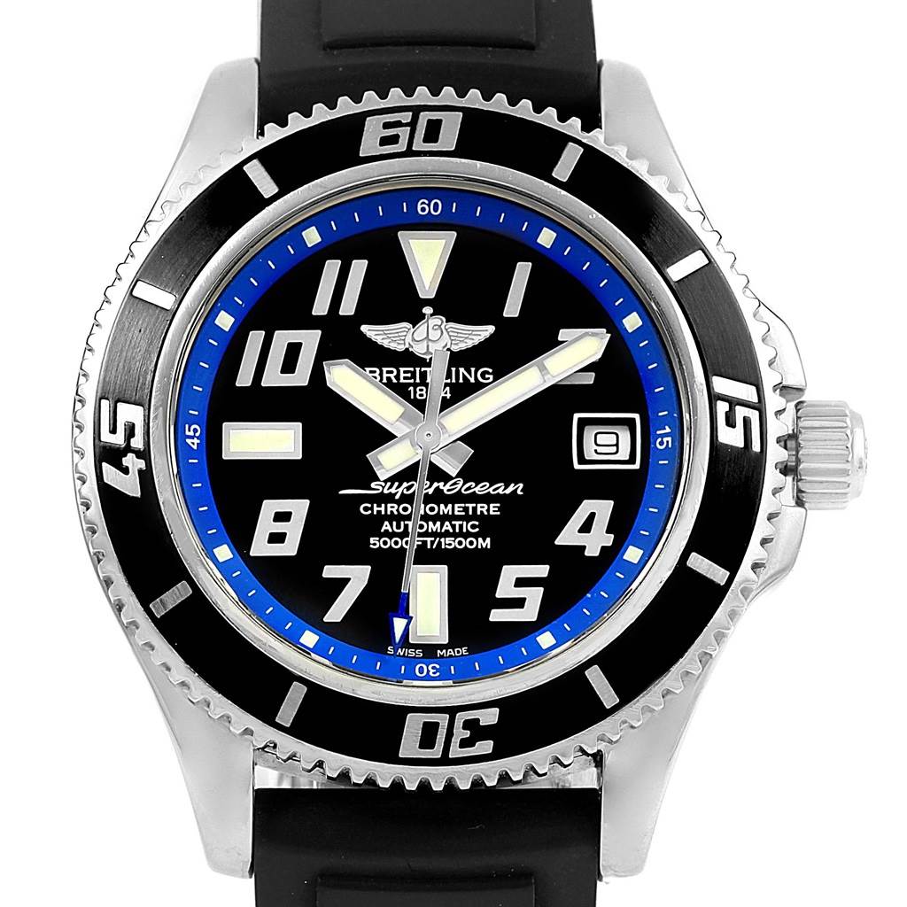 The image shows a front view of the Breitling Superocean A17364 Men's Stainless Steel Black Dial A17364 Men's Stainless Steel Black Dial watch, highlighting its face, bezel, and part of the strap.