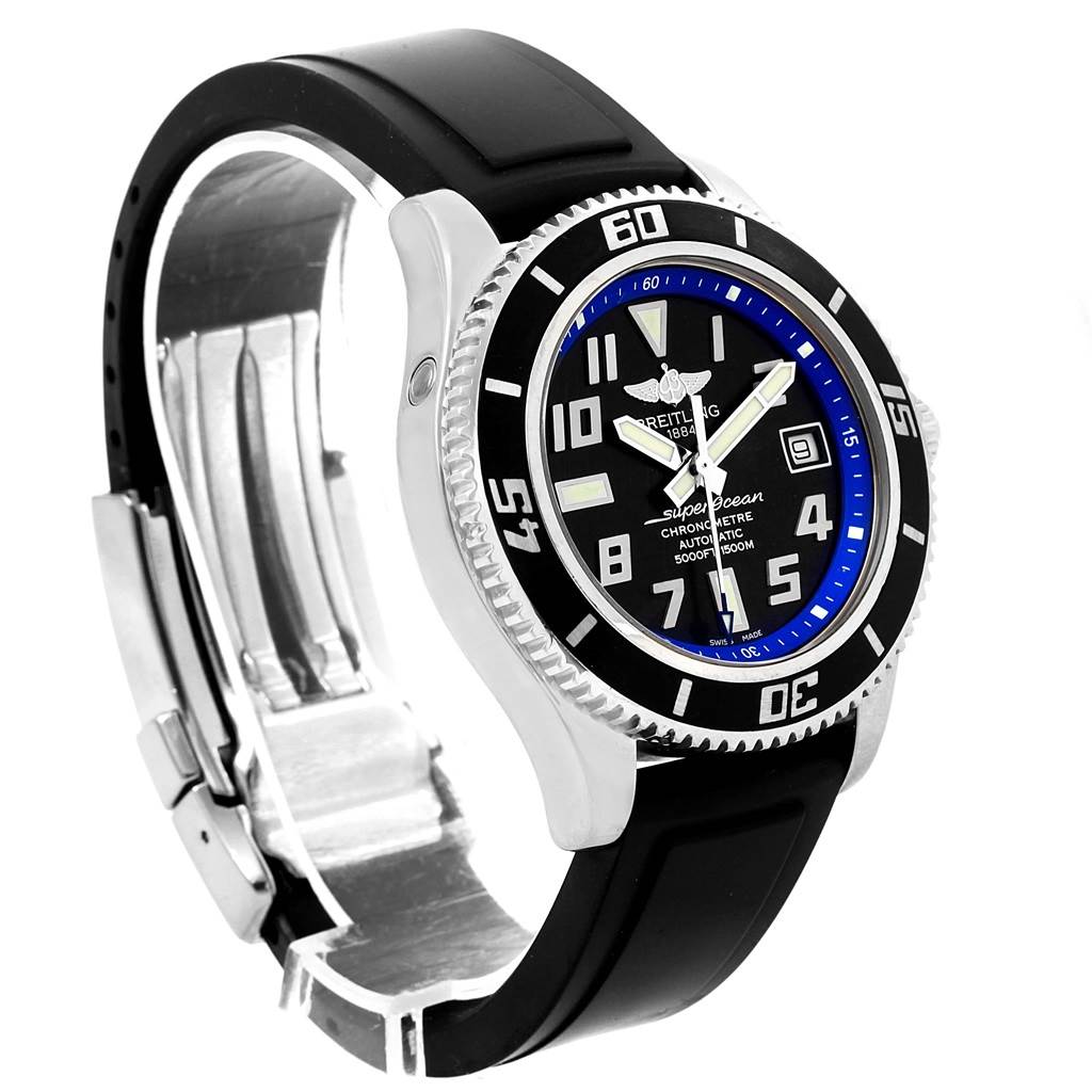 The image shows a Breitling Superocean A17364 Men's Stainless Steel Black Dial A17364 Men's Stainless Steel Black Dial watch at a 3/4 angle, displaying the face, bezel, and part of the strap and clasp.