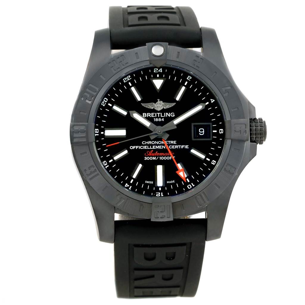 This image shows a front view of the Breitling Avenger M3239010-BF04-153S Men's Stainless Steel Black Dial M3239010-BF04-153S Men's Stainless Steel Black Dial watch, highlighting the dial, bezel, and rubber strap.