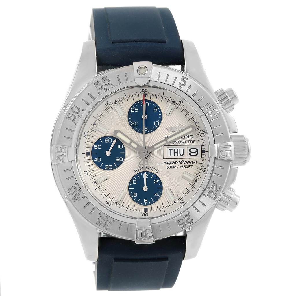The image shows a Breitling Superocean A13340 Men's Stainless Steel Beige Dial A13340 Men's Stainless Steel Beige Dial watch from a front angle, displaying the dial, bezel, crown, pushers, and strap.