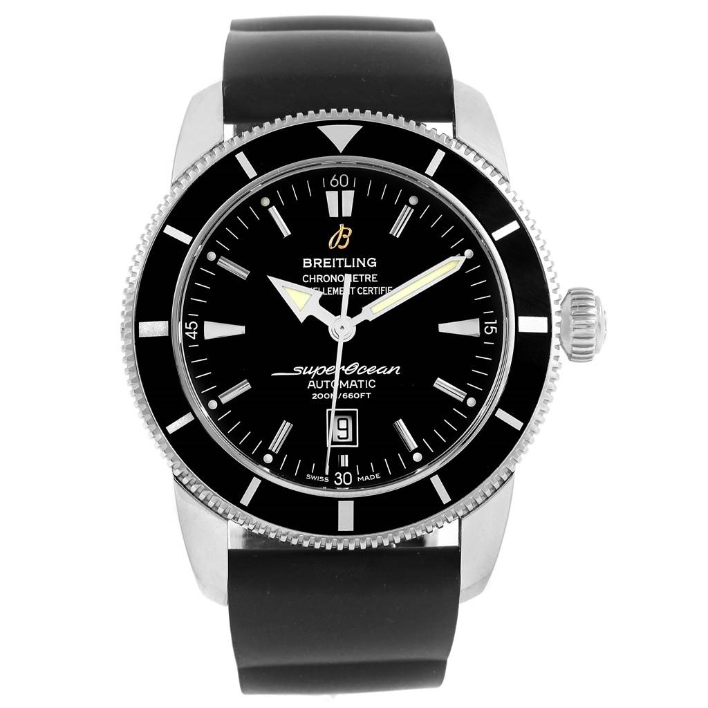 This image shows a front view of the Breitling Superocean A17320 Men's Stainless Steel Black Dial A17320 Men's Stainless Steel Black Dial watch, including the face, bezel, crown, and black rubber strap.