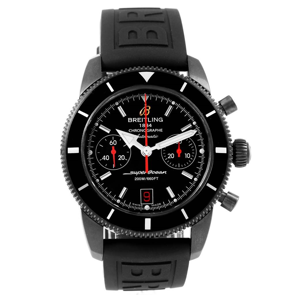 The image shows a Breitling Superocean M23370B6/BB81-153S Men
s Stainless Steel Black Dial M23370B6/BB81-153S Men
s Stainless Steel Black Dial watch with a black dial, bezel, and rubber strap at a frontal angle.