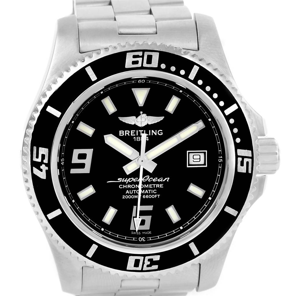The image shows a front view of the Breitling Superocean A17391 Men's Stainless Steel Black Dial A17391 Men's Stainless Steel Black Dial watch, focusing on the dial, bezel, and part of the stainless steel bracelet.