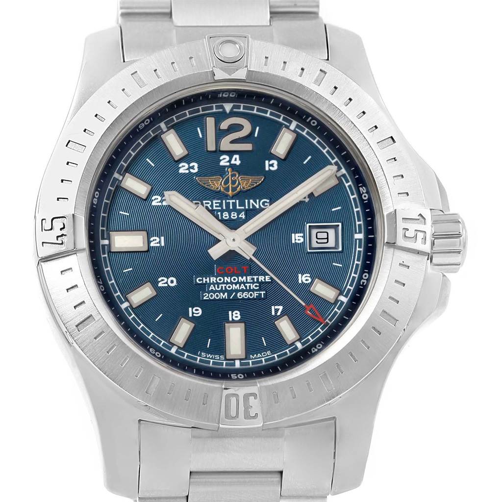 This image shows a front view of a Breitling Superocean A17388 Men's Stainless Steel Blue Dial A17388 Men's Stainless Steel Blue Dial model watch, highlighting the dial, bezel, and bracelet.
