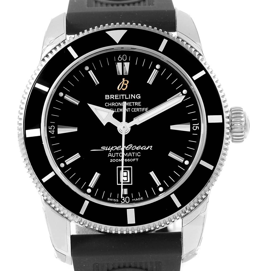 The image shows a front view of a Breitling Superocean A17320 Men's Stainless Steel Black Dial A17320 Men's Stainless Steel Black Dial watch featuring its black dial, bezel, and rubber strap.