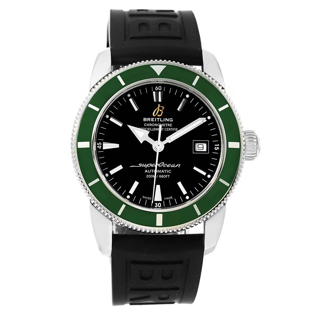 This image shows a front view of the Breitling Superocean A17321 Men's Stainless Steel Black Dial A17321 Men's Stainless Steel Black Dial watch, featuring a green bezel and black rubber strap.