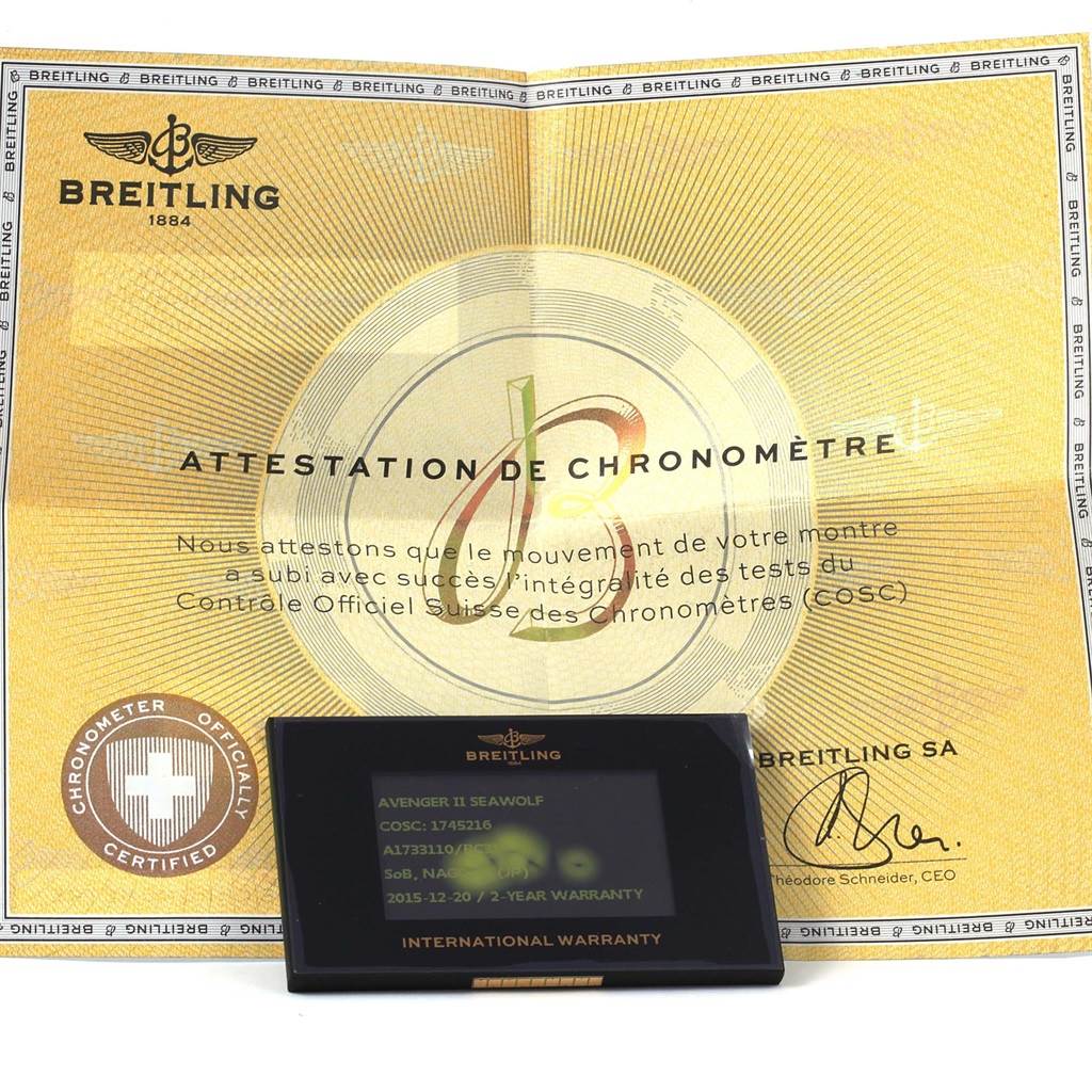 The image shows a Breitling Avenger A17331 Men's Stainless Steel Black Dial A17331 Men's Stainless Steel Black Dial model's certification papers and international warranty card.