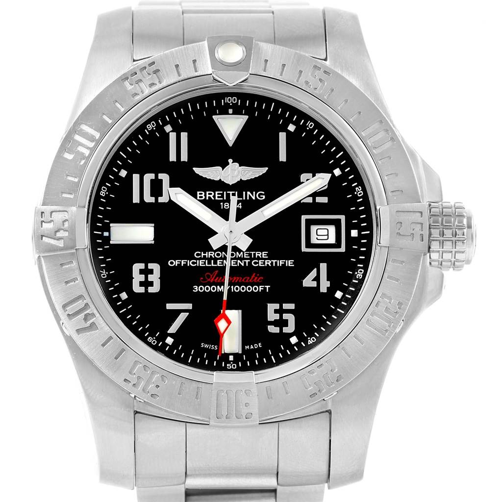 The image shows a front view of the Breitling Avenger A17331 Men's Stainless Steel Black Dial A17331 Men's Stainless Steel Black Dial watch, displaying its face, bezel, crown, and part of the bracelet.