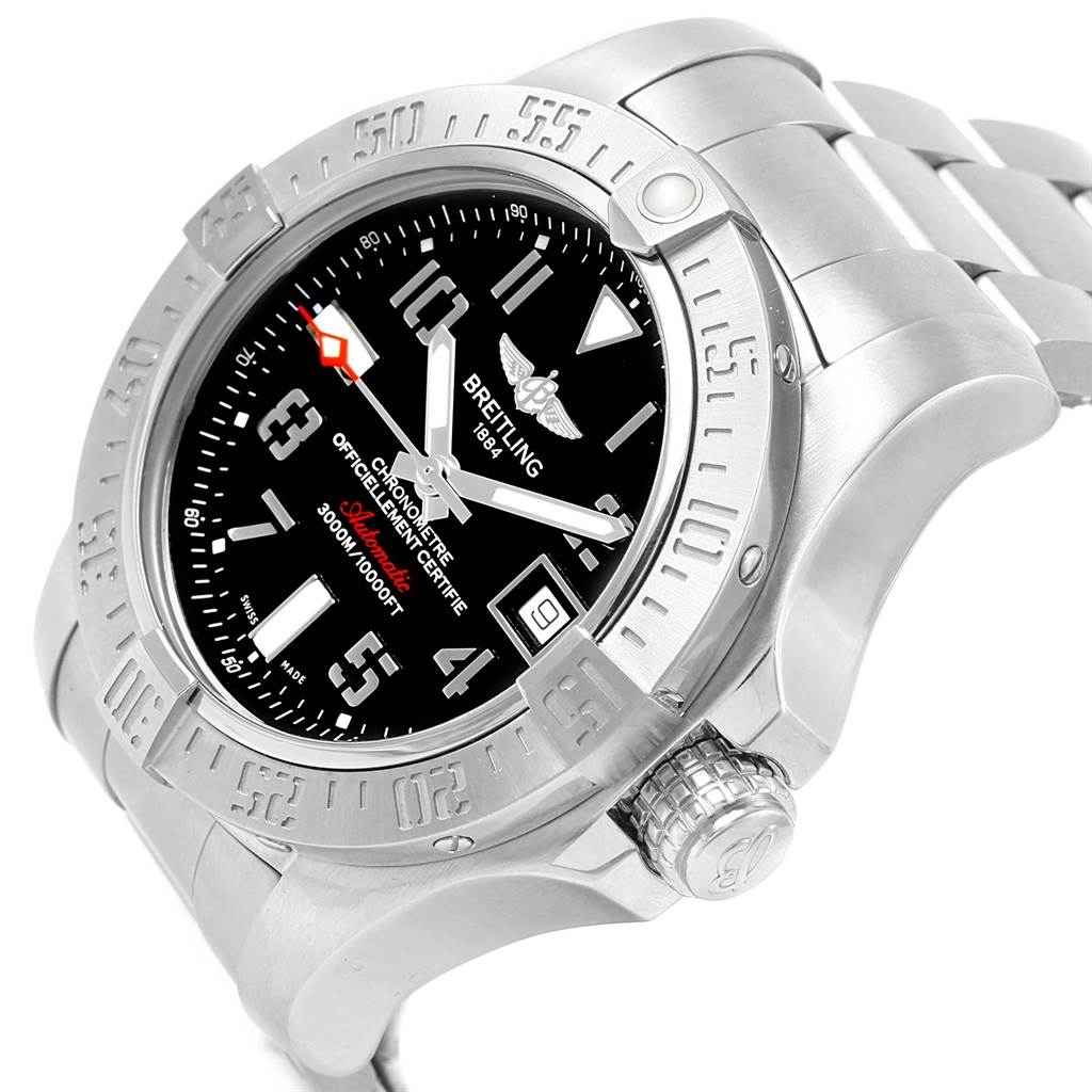 The image shows a Breitling Avenger A17331 Men's Stainless Steel Black Dial A17331 Men's Stainless Steel Black Dial watch at an angled side view, highlighting the bezel, dial, and part of the stainless steel bracelet.
