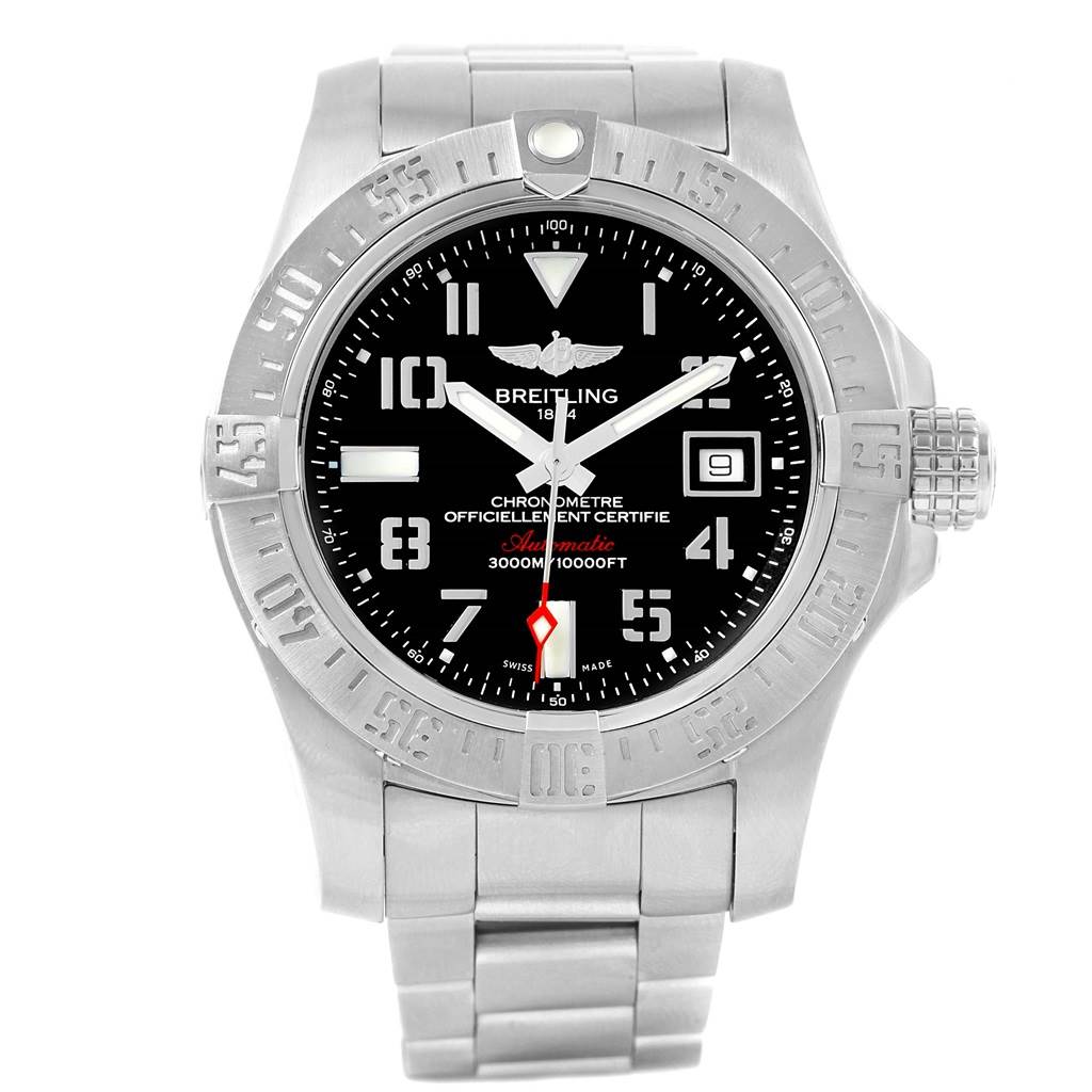 This image shows a Breitling Avenger A17331 Men's Stainless Steel Black Dial A17331 Men's Stainless Steel Black Dial watch from a front angle, highlighting the bezel, dial, hands, and bracelet.