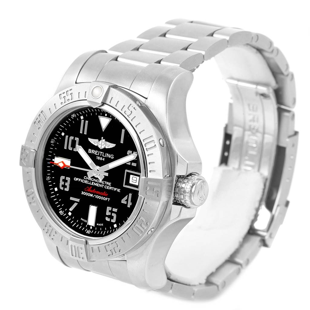 The Breitling Avenger A17331 Men's Stainless Steel Black Dial A17331 Men's Stainless Steel Black Dial watch is shown at a three-quarter angle, highlighting the face, bezel, crown, and part of the metal bracelet.