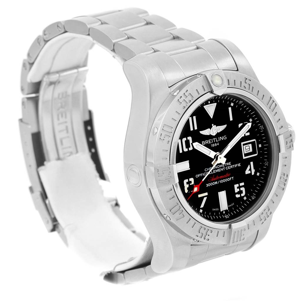 The image shows a Breitling Avenger A17331 Men's Stainless Steel Black Dial A17331 Men's Stainless Steel Black Dial watch at a three-quarters angle, highlighting its band, bezel, and dial.