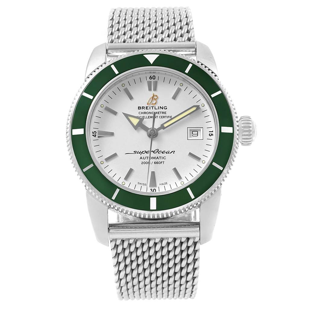 The image shows a front view of a Breitling Superocean A17321 Men's Stainless Steel Silver Dial A17321 Men's Stainless Steel Silver Dial watch with a green bezel and a mesh metal band.