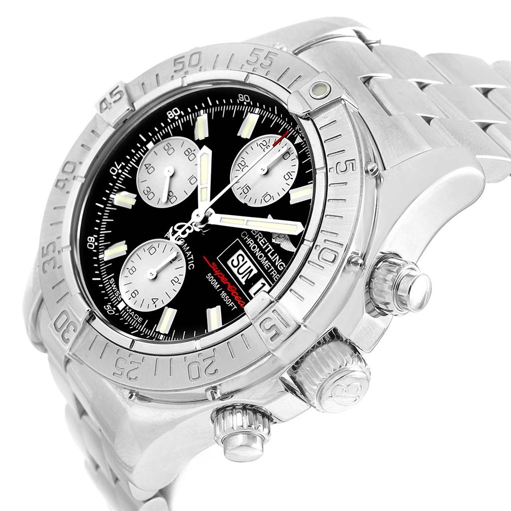 The Breitling Superocean A13340 Men
s Stainless Steel Black Dial A13340 Men
s Stainless Steel Black Dial watch is shown at an angle showcasing the dial, bezel, pushers, and part of the stainless steel band.